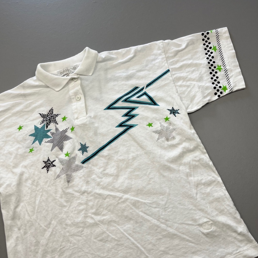 Adidas Polo Shirt Mens L White Vintage 80s Graphic Stars Made in USA L85V-WG AOP